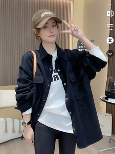 韩版双口袋慵懒风牛仔衬衣外套，女秋季小众宽松中长款百搭衬衫