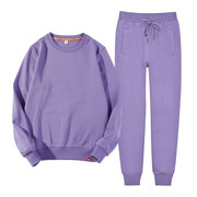 紫色运动套装女春秋，薄款显瘦宽松休闲服纯色，圆领无帽卫衣两件套潮