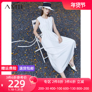 Amii2023年夏U领绑带白色连衣裙小黑裙子女设计感小众仙女裙