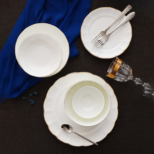 创意金边盘子餐具欧式牛排盘，子西餐盘家用骨瓷，盘子椭圆形鱼盘子