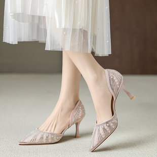 法式高跟鞋女细跟夏季尖头浅口中空单鞋气质名媛伴娘婚礼鞋子