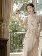 夏女装复古新中式立体花精致面料国风新中式拼接改良旗袍日常礼服