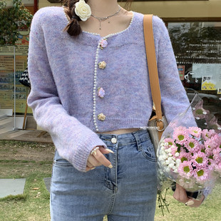 紫色马海毛毛衣女薄款春秋修身小香风开衫针织，外套女短款方领上衣