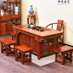 全实木明清仿古中式红木南榆木家具功夫餐茶桌椅组合将军台泡茶台