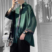 墨绿色七分袖衬衫男夏季高级感设计小众痞帅短袖，衬衣dk领带制服jk