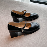 黑色复古玛丽珍小皮鞋女夏季2023小香风法式圆头粗跟高跟单鞋