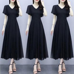 黑色雪纺连衣裙女2023夏季短袖气质大码遮肚显瘦长款夏天长裙