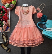 欧洲站甜美时尚勾花镂空短袖蕾丝雪纺连衣裙，3个色好质量
