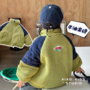牛油果绿~韩版儿童冬季麦穗，绒拼色加厚外套男童棉服保暖棉衣潮