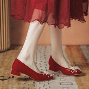 平跟红色婚鞋新娘鞋秀禾鞋礼服，鞋婚纱两穿粗跟孕妇中式单鞋不累脚