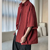 酒红色麂皮绒衬衫男短袖潮牌美式复古vintage衬衣七分袖外套夏季