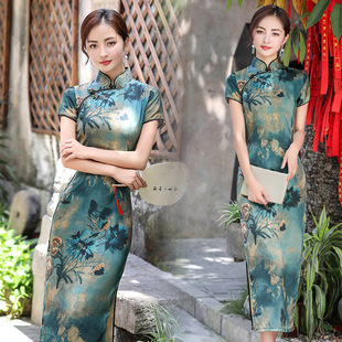 中国风春夏季长款短袖山水冰绸缎时尚日常优雅淑女连衣旗袍裙