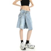 美式复古不规则破洞牛仔短裤女夏季潮ins设计小众高街辣妹五分裤