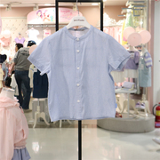 perimitz男童圆领蓝色衬衫24夏季韩国儿童，竖条纹短袖t恤中童