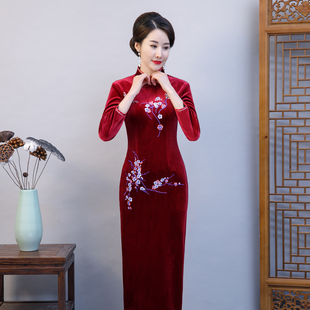 旗袍裙女丝绒喜妈妈婆婆装加绒优雅礼服改良气质复古中国风高级感