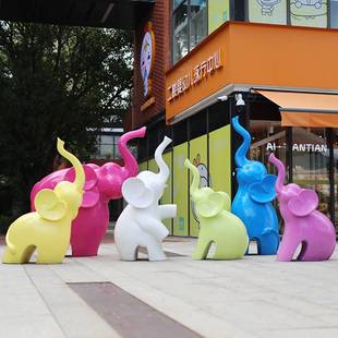 玻璃钢大象摆件卡通抽象动物雕塑美陈象商场户外幼儿园林景观大型