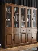 实木橡木书柜带玻璃门三门简易中式书架储物学生书橱办公室文件柜