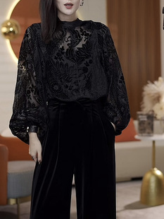 圆领长袖黑色蕾丝上衣秋高级感气质镂空衬衫女2023年洋气时尚