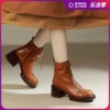 全真美式复古短靴女马丁靴子高跟鞋粗跟系带秋冬季设计感小众棕色