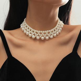 波西米亚个性手工编织珍珠锁骨项链欧美 ins潮流夸张颈链饰品
