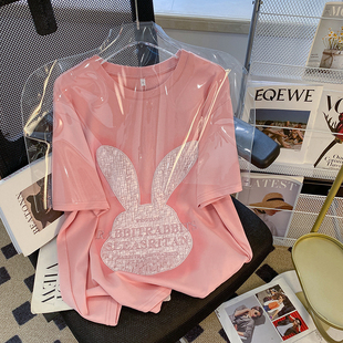 捡漏纯棉粉色兔子刺绣字母短袖t恤女夏季ins大码宽松休闲上衣