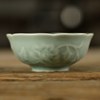 功夫茶具汝窑茶杯陶瓷祥云，碧绿中式纯色，豆青品茗杯浮雕青瓷茶盏