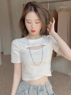 露脐短袖T恤女夏季修身打底小衫白色纯棉高腰短款上衣薄镂空体恤
