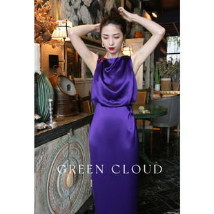 绿色云 香根鸢尾简约气质通勤一字领收腰包臀紫色三醋酸连衣裙