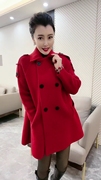 红色欧货宽松休闲大衣女士，西装领双排，扣纯色中长款洋气显瘦外套