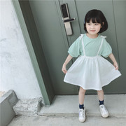 夏装韩版女童纯棉短袖T恤套装上衣蕾丝吊带裙雪纺罩衫两件套