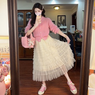 NEENJOJO淡粉色毛针织开衫高级感韩系温柔气质时尚洋气针织上衣女