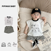 pipimax婴儿卡通T恤+短裤分体套装夏季天款装宝宝超萌韩范外出服