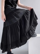 黑色雪纺拼接蕾丝蛋糕半身裙，女夏季2024高腰垂感a字百褶长裙