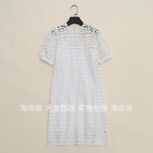 41205美国单~白色棉质精美镂空钩花圆领，修身短袖连衣裙短裙0.37