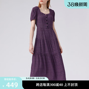 ise2021夏碎花(夏碎花)方领收腰连衣裙复古气质，短袖紫色长裙p2120717