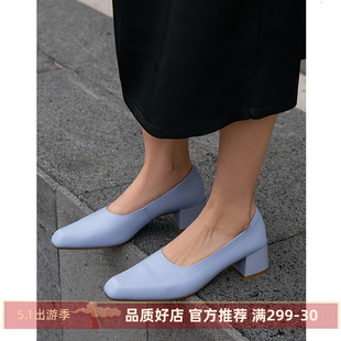 kmeizu法式优雅方头单鞋，女春简约4.5cm粗高跟鞋，ol商务干练奶奶鞋