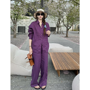 tingtings紫色亚麻衬衫套装，女夏高级感宽松防晒上衣阔腿裤两件套