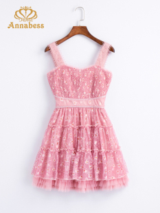 安娜贝拉洋装公主裙，2023夏季蕾丝仙女甜美俏皮吊带裙连衣裙女