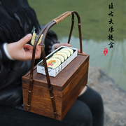 大漆日式实木收纳盒复古中式手提盒仿古茶点盘野炊提梁茶具收纳箱