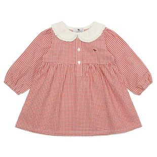 韩国24年春季女童红色小翻领格纹长袖娃娃衫可爱甜美连衣裙