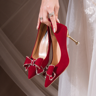 红色婚鞋冬季女秀禾服新娘鞋2023年中式小众不累脚结婚高跟鞋
