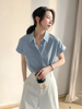 蓝色短袖衬衫女夏季职业装白领气质高级感薄款工作服宽松雪纺上衣