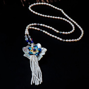 流动的蔚蓝天然珍珠毛衣链女长款时尚贝壳花朵项链挂饰秋冬长链