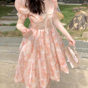 夏季法式富家千金短袖欧根纱蝴蝶结超仙可盐可甜泡泡袖气质连衣裙