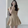 韩国chic夏季优雅气质圆领纯色，收腰显瘦飞飞袖，a字型连衣裙短裙女