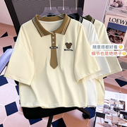 拼色Polo领宽松短袖T恤少女2024春夏季初中高中学生时尚上衣