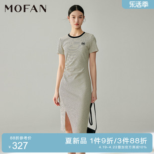 mofan摩凡经典复古条纹连衣裙，2024夏收腰褶皱，设计感显瘦a字裙
