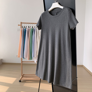灰色棉质慵懒风短袖，中长款连衣裙女夏季圆领，宽松小个子休闲t恤裙