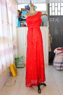 二手婚纱礼服红色单肩蕾丝韩版晚礼服显瘦演出服