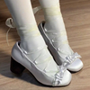 白色缎面交叉绑带高跟鞋女粗跟优雅芭蕾风鞋2024法式方头单鞋